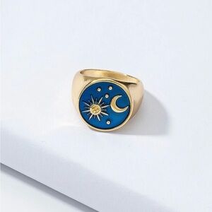 Gold Sun & Moon Blue Enamel Signet Ring